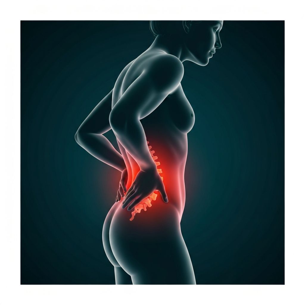 Person experiencing lower back pain with highlighted lumbar spine