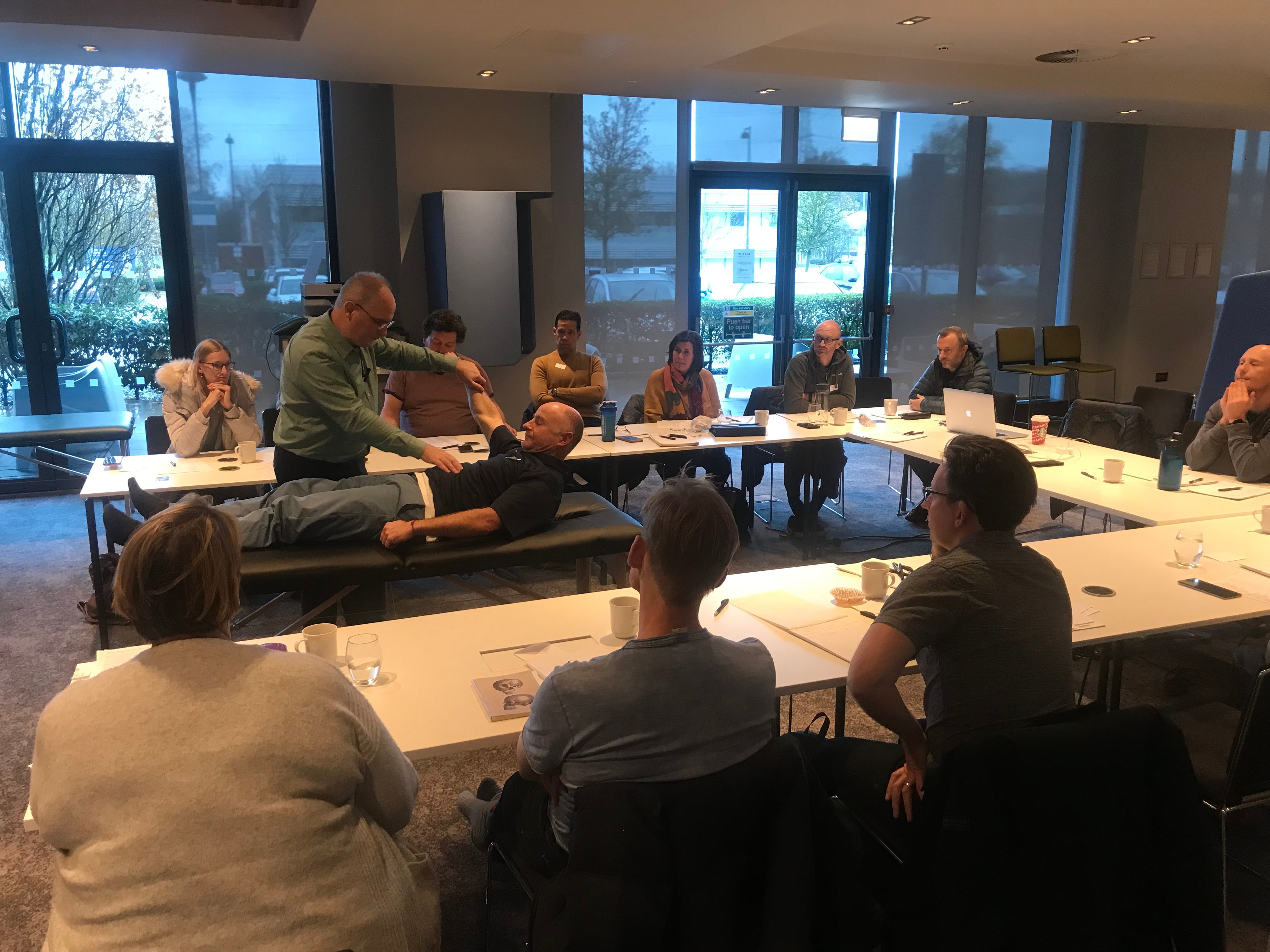 Live demonstration of precision muscle testing at training seminar